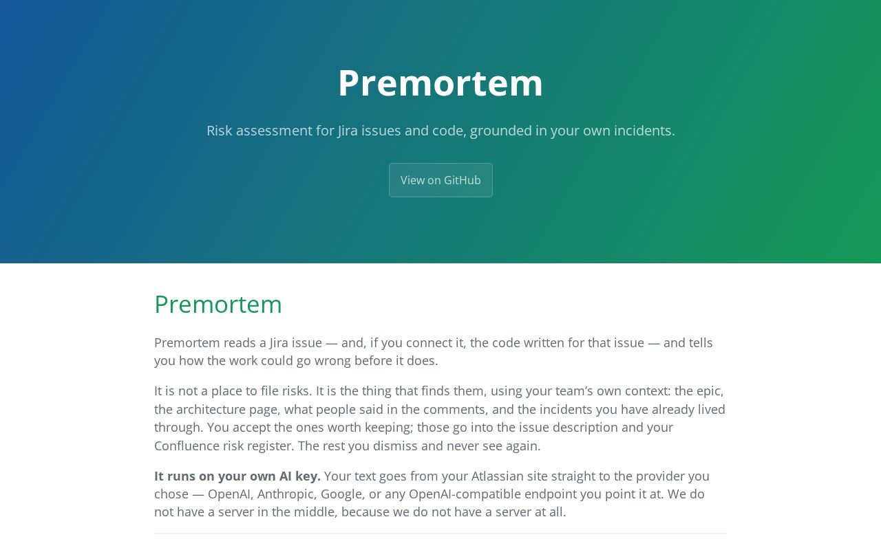 Preview of Documentation, privacy policy and terms for the Premortem Jira app