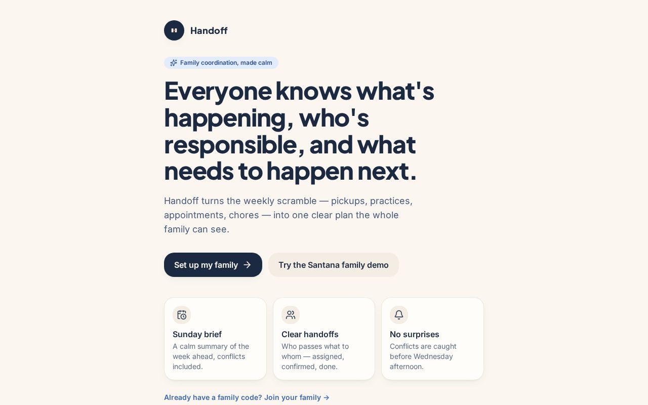 Preview of Landing page and privacy policy for the Handoff app