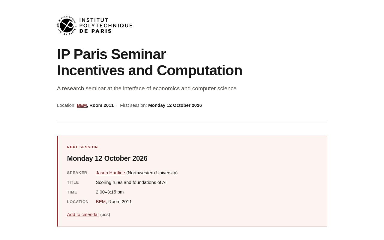 Preview of Website for the IP Paris Seminar on Incentives and Computation
