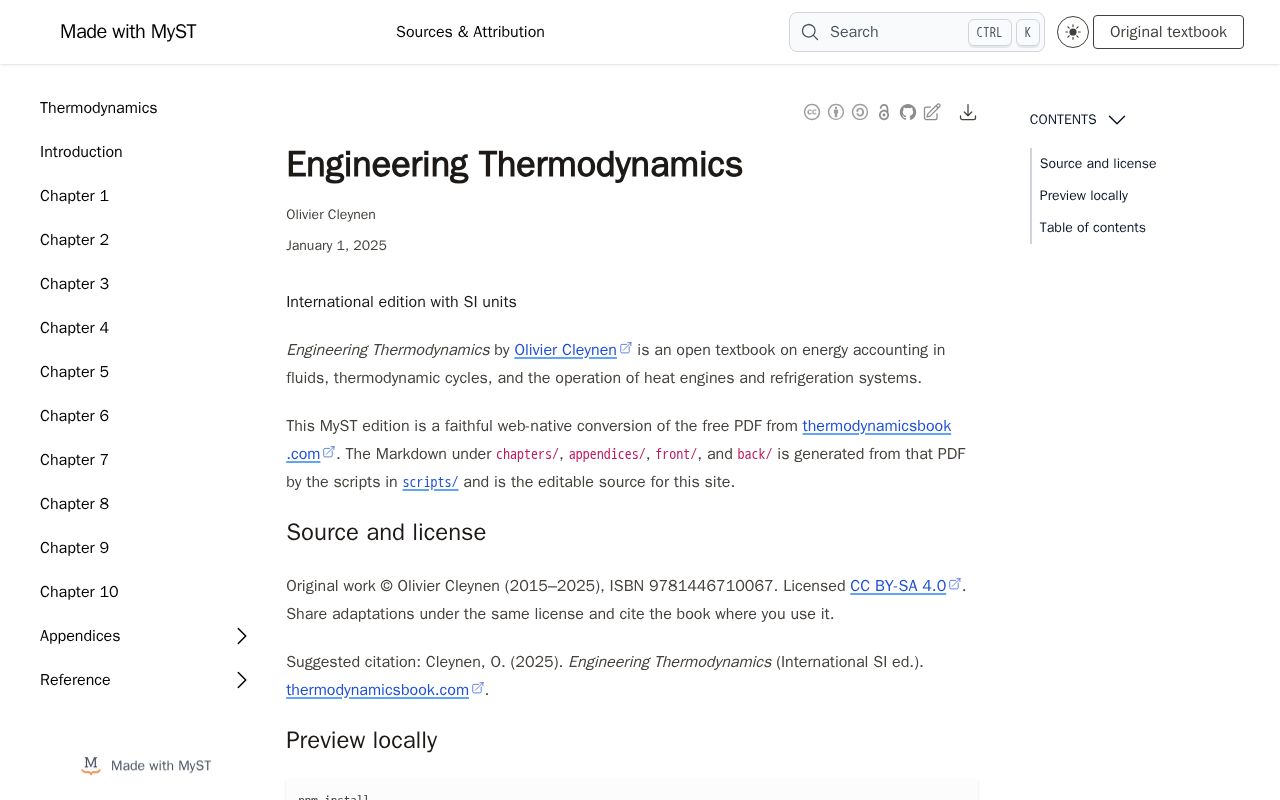 Preview of MyST Markdown edition of Olivier Cleynen's Engineering Thermodynamics