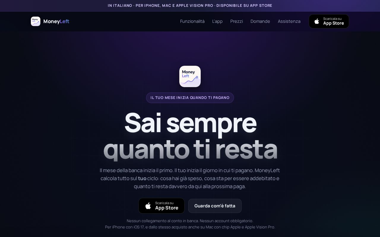 Preview of Pagine pubbliche di MoneyLeft: assistenza, informativa privacy e termini di servizio.