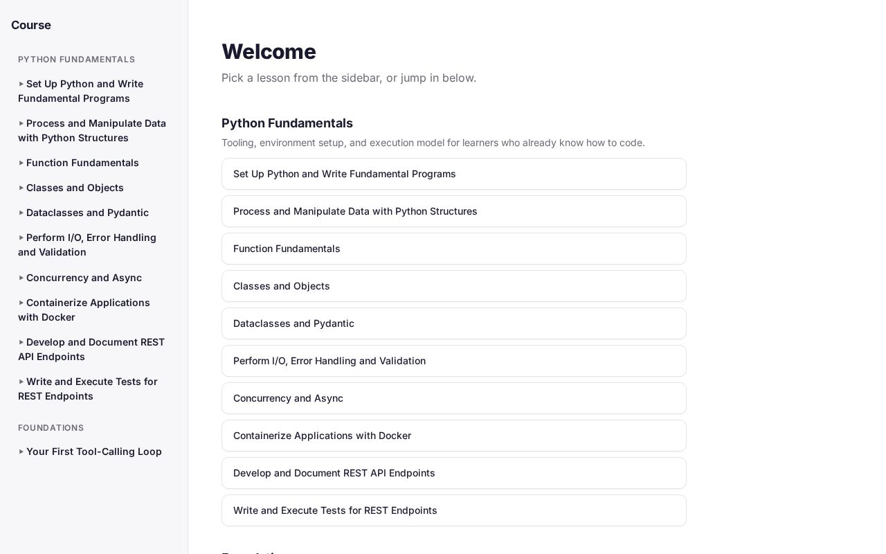 Preview of Agentic AI course site - Python fundamentals building toward agentic AI systems