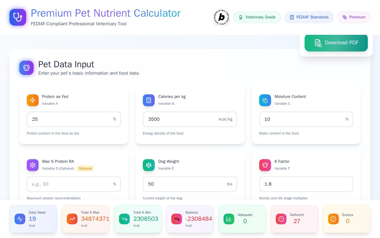 Preview of Premium Pet Nutrient Calculator - FEDIAF Compliant