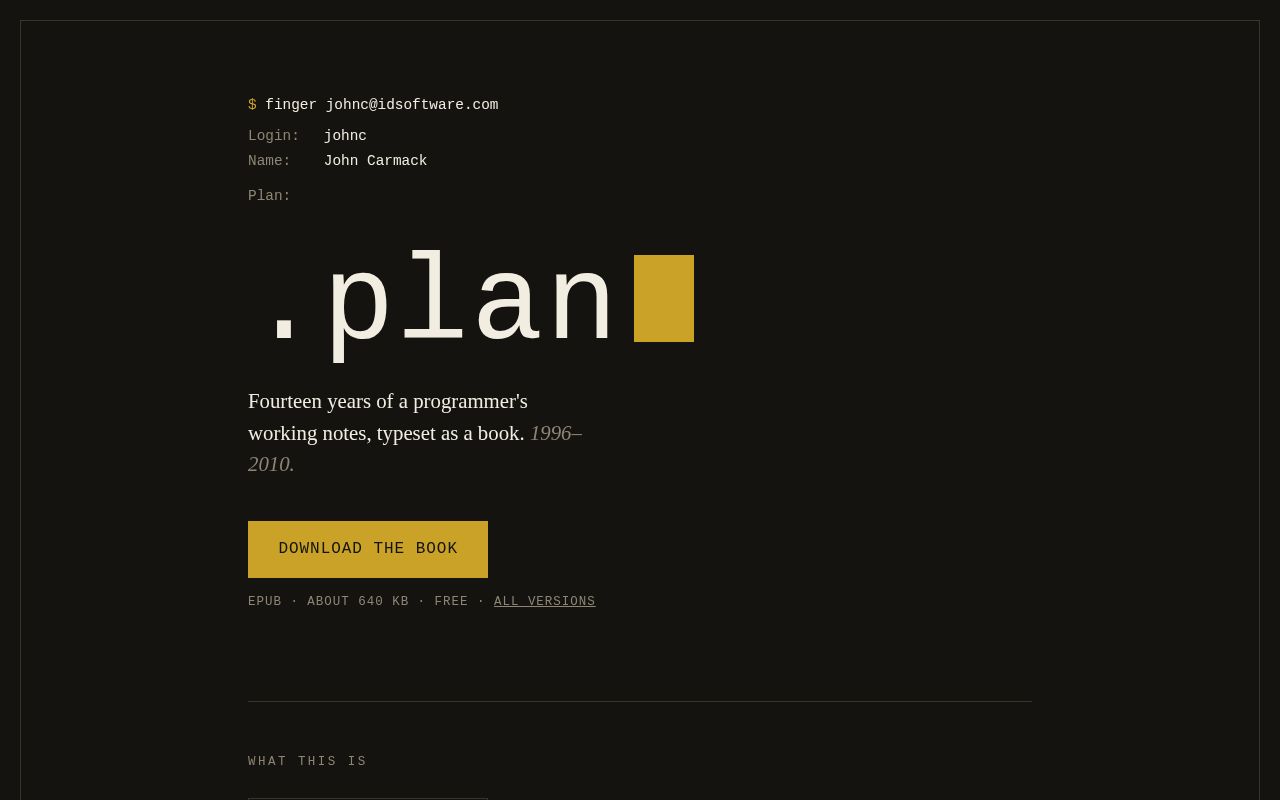 Preview of .epub version of John Carmack's .plan files for your reading pleasure.