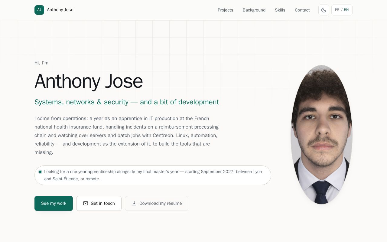 Preview of Portfolio — Anthony Jose. Systèmes, réseaux & sécurité. Site CV bilingue FR/EN.