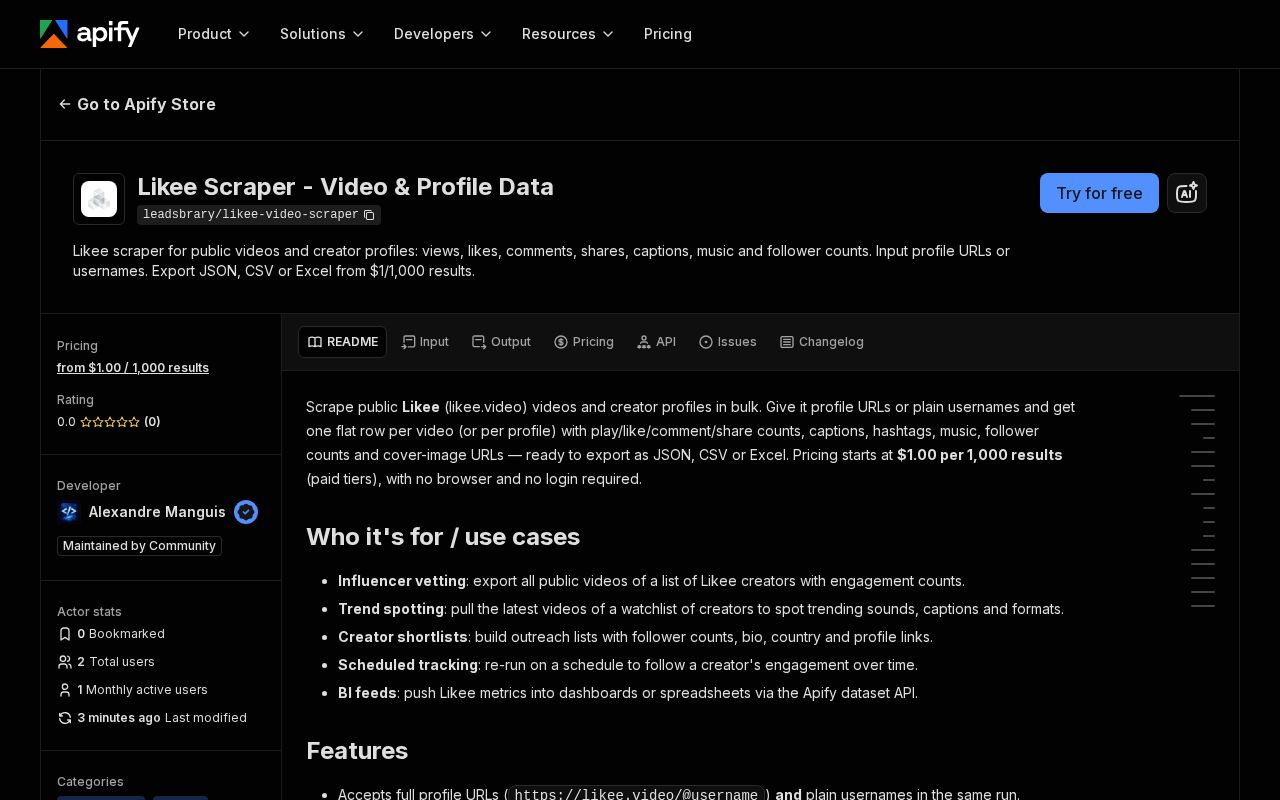 Preview of Likee Video Scraper Apify Actor