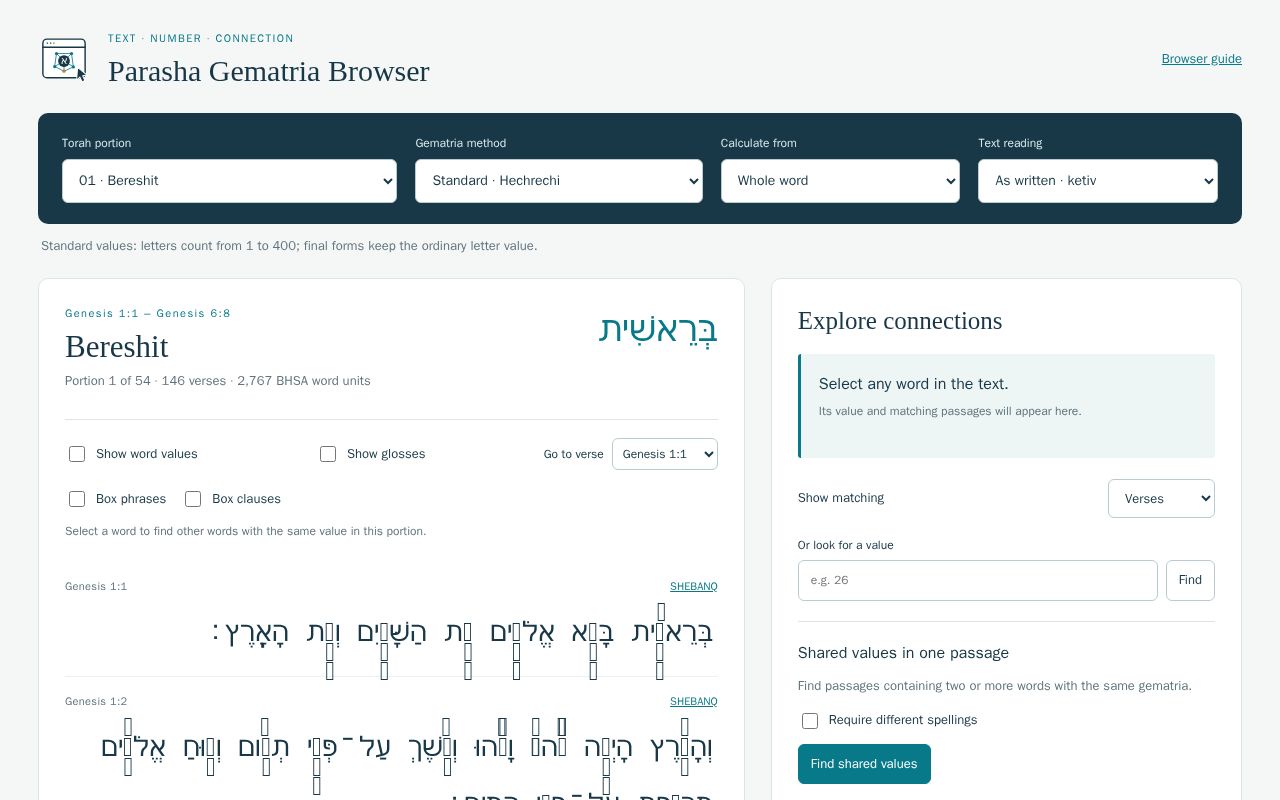 Preview of Parasha Gematria Browser
