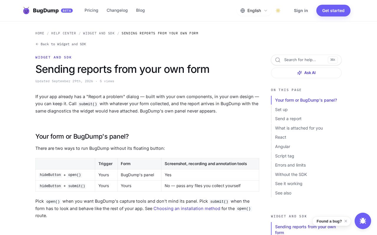 Preview of Bugdump Custom Form React
