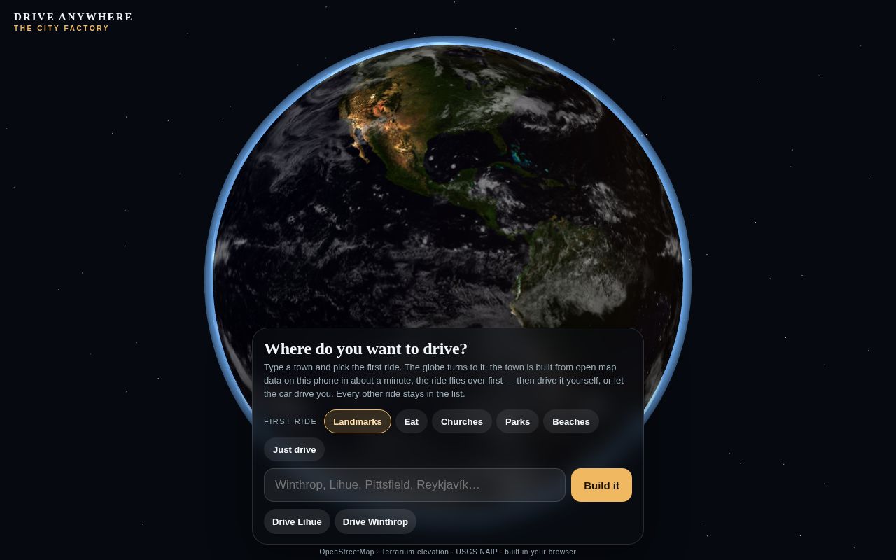Preview of Type any town on earth, watch it build, then drive it.