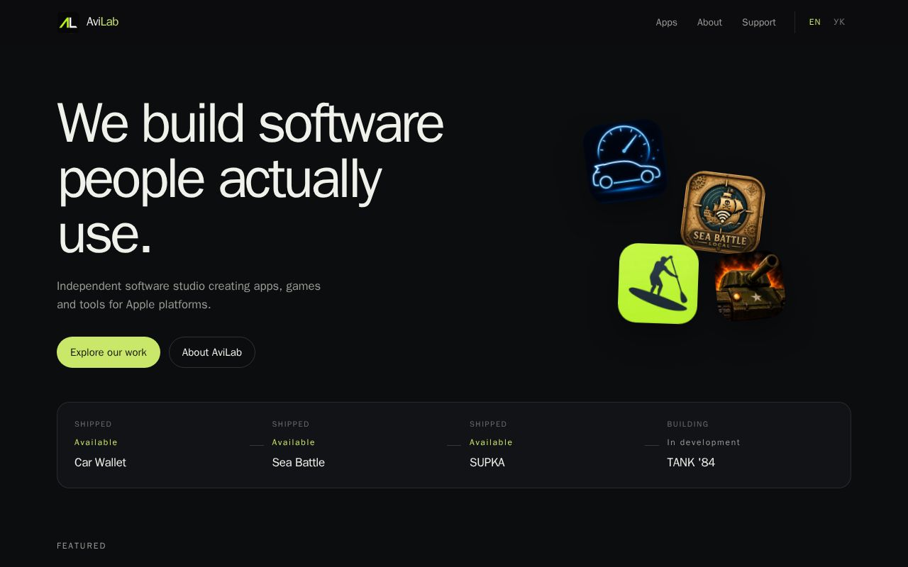 Preview of AviLab — independent software studio website
