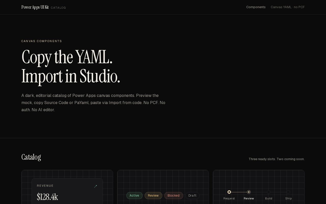 Preview of Obsidian-style catalog of copy-paste Power Apps canvas YAML components (no PCF)