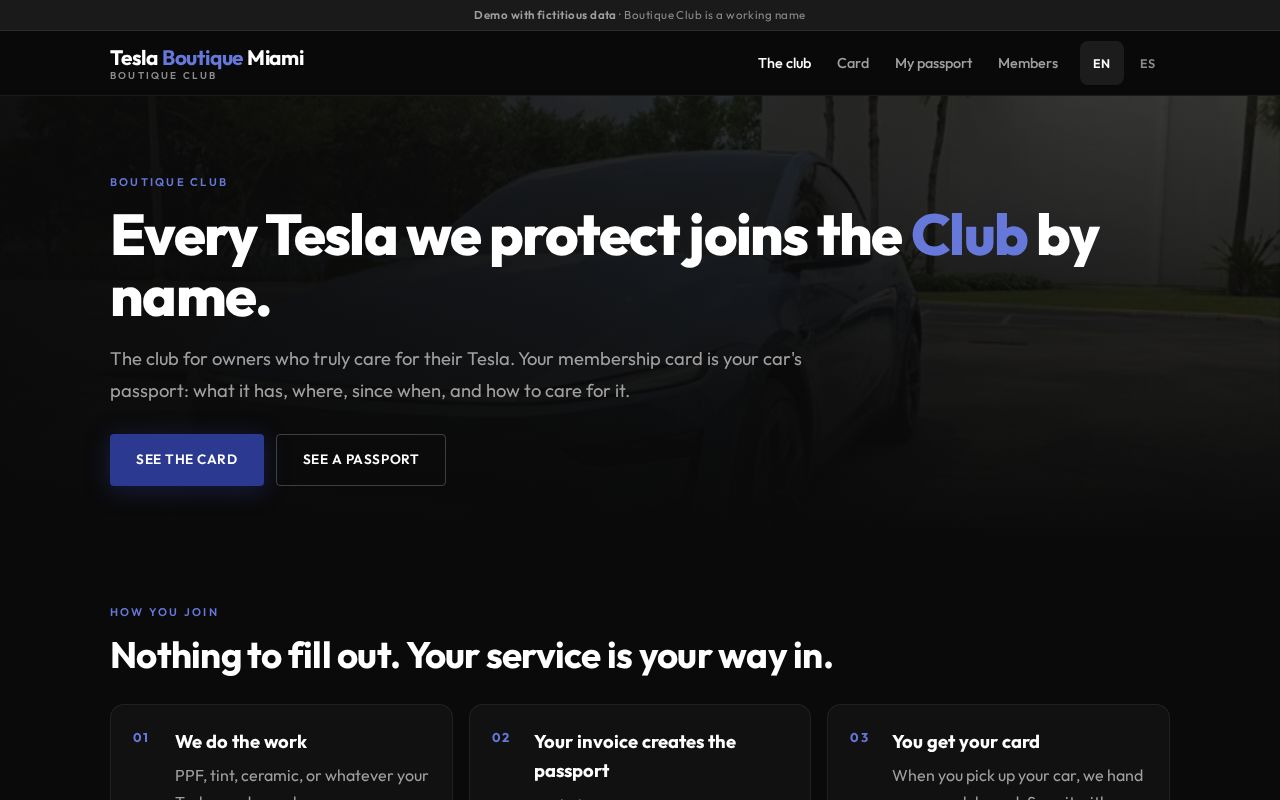 Preview of Demo con datos ficticios del Boutique Club de Tesla Boutique Miami