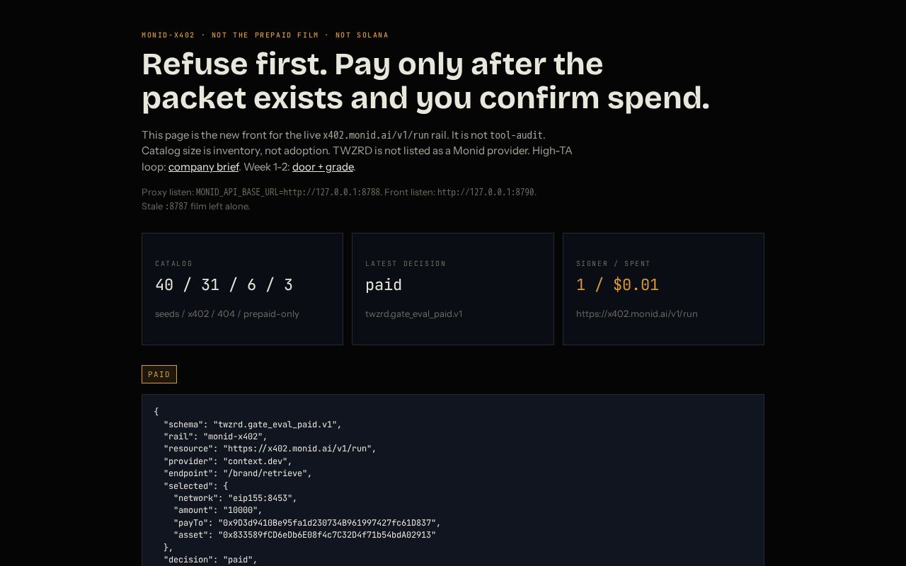 Preview of Pre-sign spend gate for Monid's live x402 run host (Base/Monad). tool-audit stays frozen.