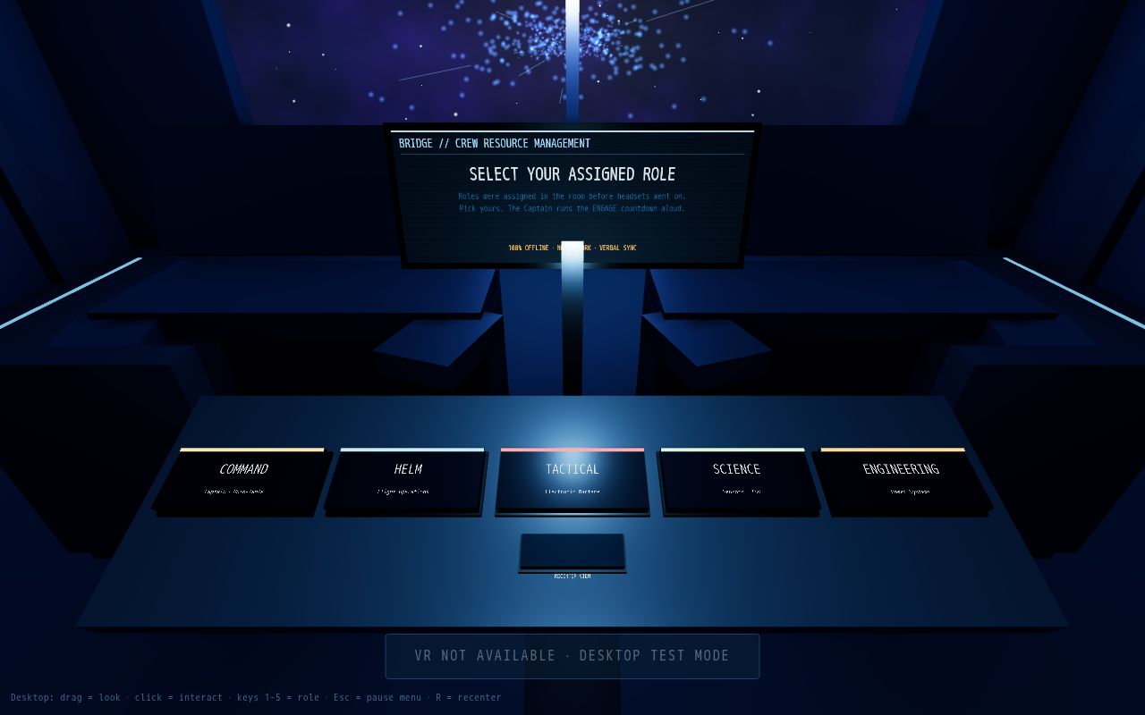 Preview of 5-player offline WebXR bridge simulator driven by Crew Resource Management (Three.js)