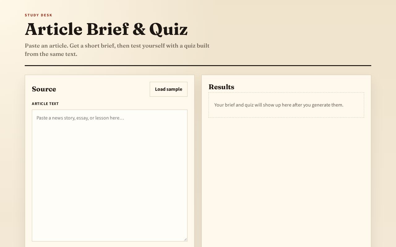 Preview of Paste an article to get a short brief and a quiz
