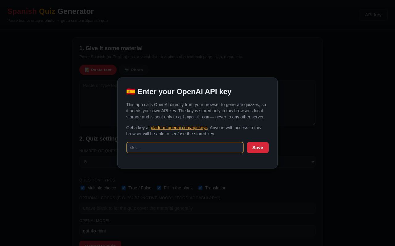 Preview of Generate Spanish quizzes from text or a photo using AI