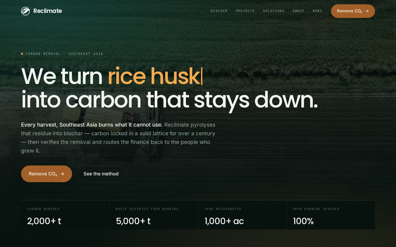 Preview of Reclimate — permanent carbon removal from agricultural waste (marketing site)