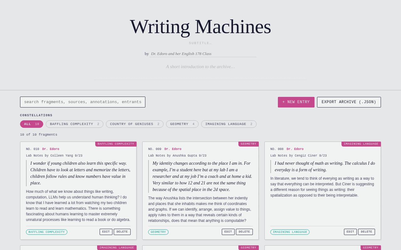 Preview of ENGL 178 Writing Machines Website