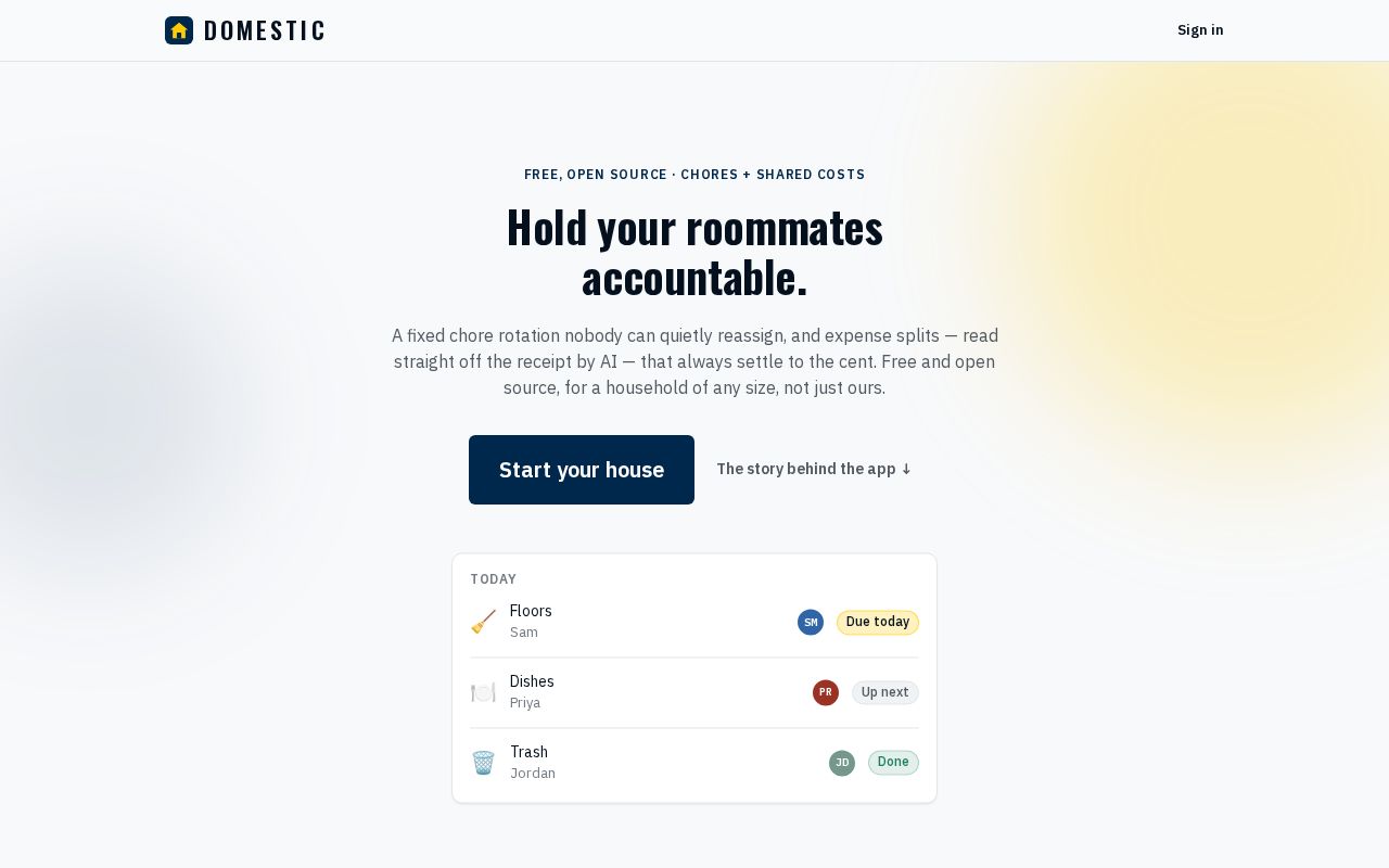 Preview of Chores and shared costs for a household. Next.js PWA + Supabase.