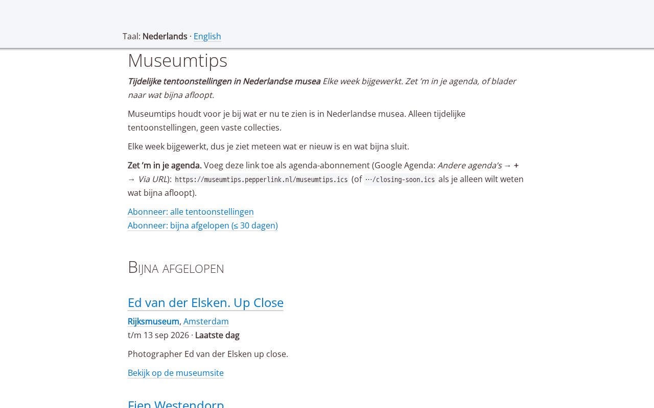 Preview of Calendar feeds (.ics): current temporary exhibitions at Dutch museums — refreshed weekly