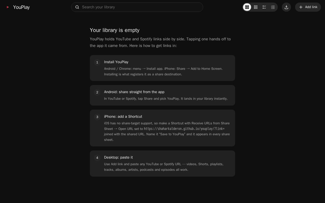 Preview of Your YouTube and Spotify links in one YouTube-style library, with share-sheet intake.