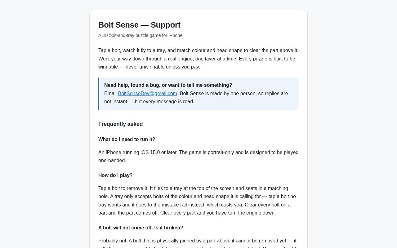 Preview of Privacy policy and support pages for Bolt Sense (iOS)