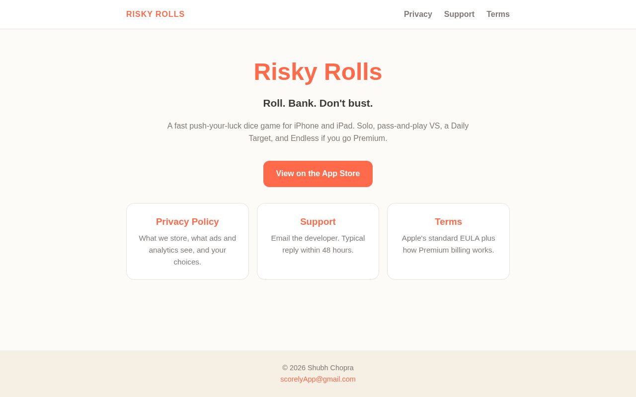Preview of Risky Rolls iOS App privacy policy