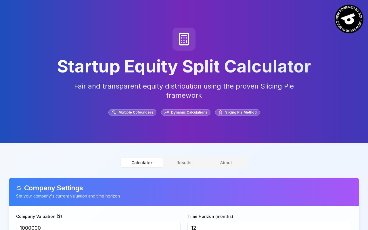 Preview of Startup Equity Split Calculator