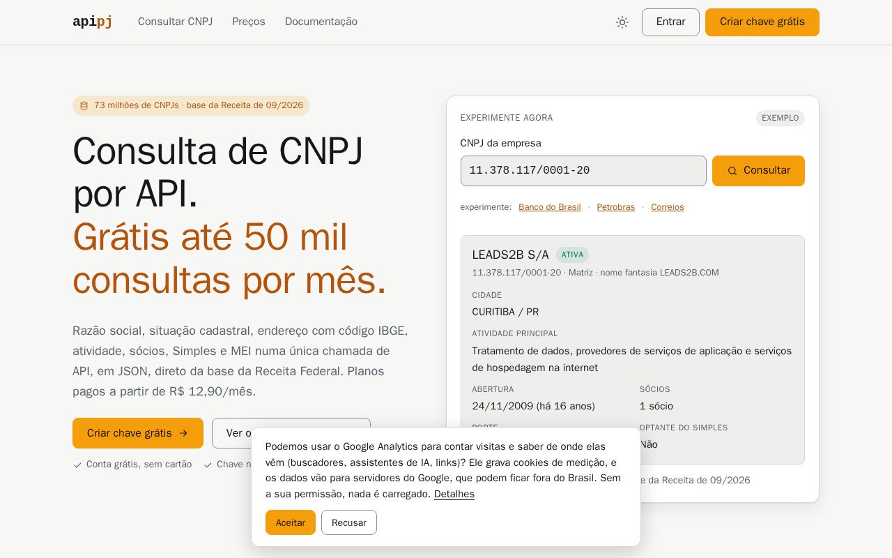 Preview of API de CNPJ grátis: 50 mil consultas por mês