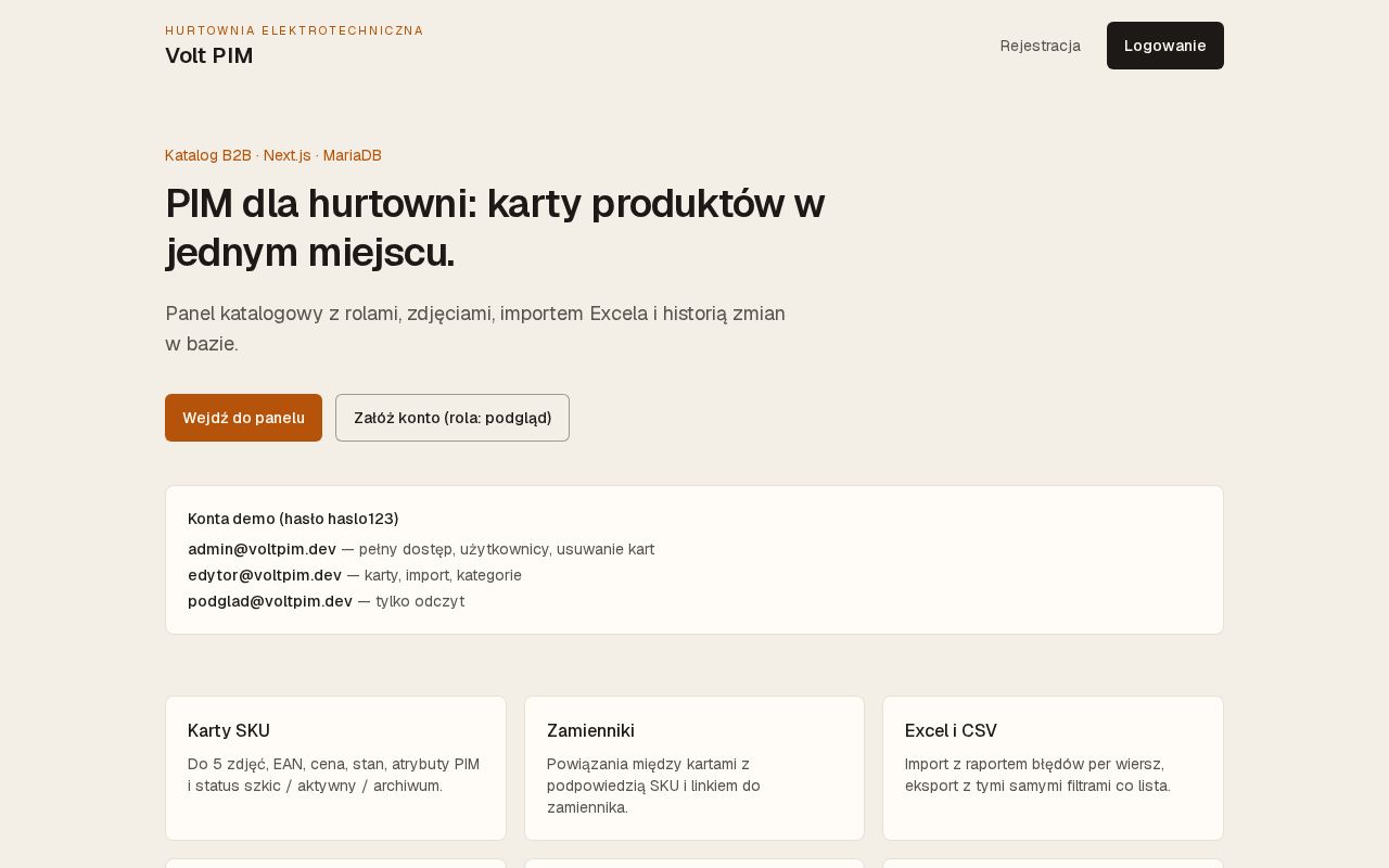 Preview of Volt PIM — wholesale product catalog (Next.js). UI mock; auth and database next.