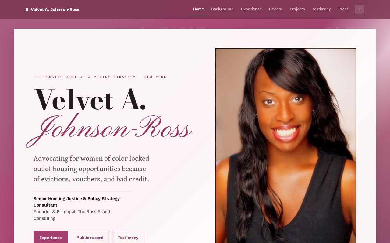 Preview of Portfolio site for Velvet A. Johnson-Ross — housing justice & policy strategy, New York