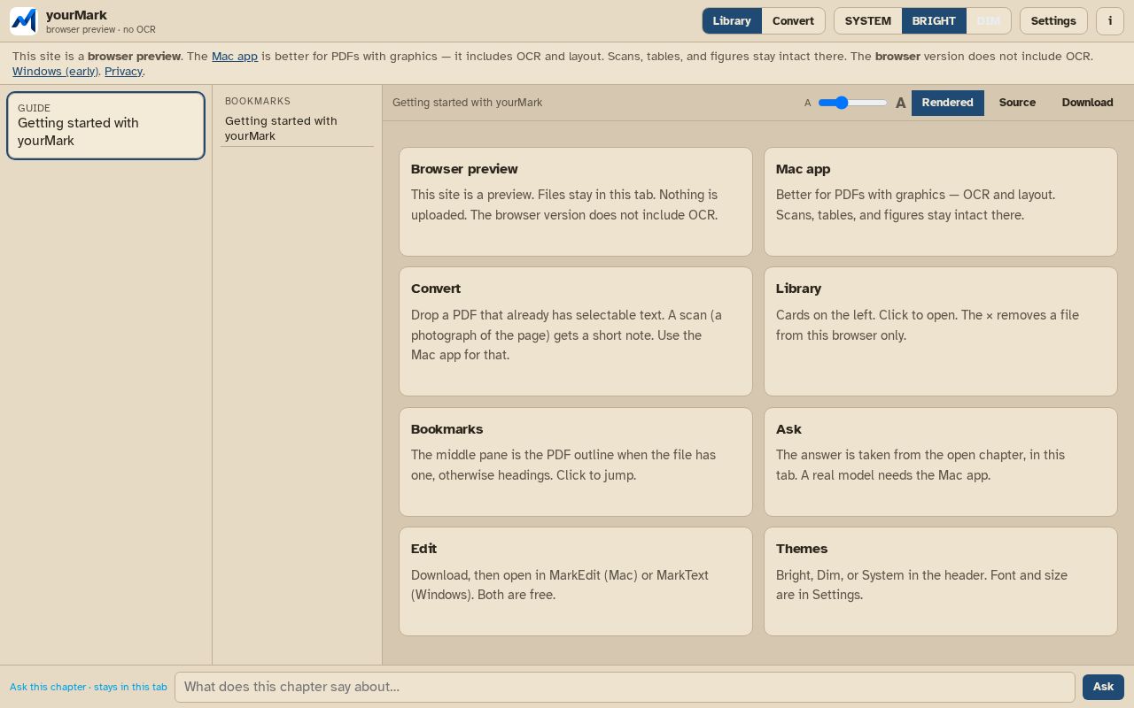 Preview of yourMark — convert PDFs to Markdown. Native Mac app around Microsoft MarkItDown.