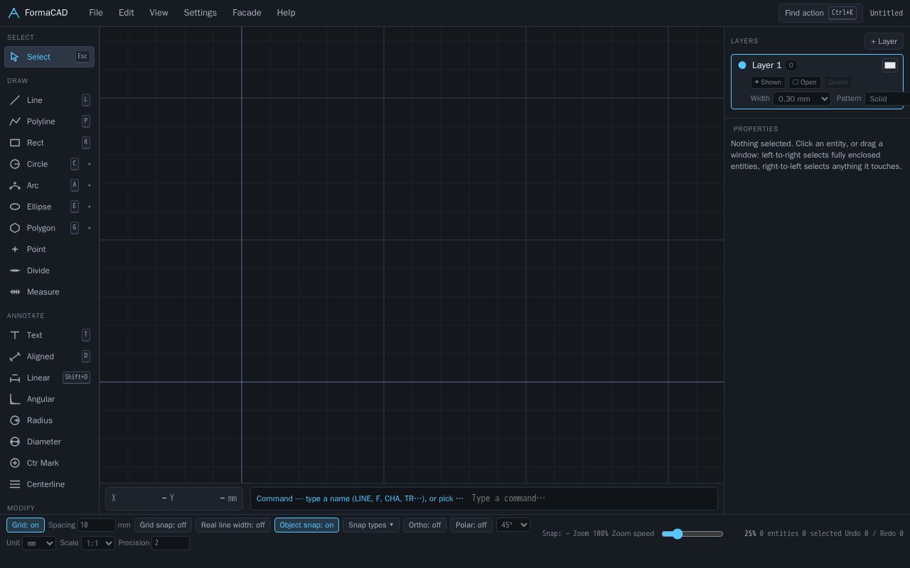 Preview of FormaCAD — original 2D CAD editor. Not AutoCAD and not affiliated with Autodesk.