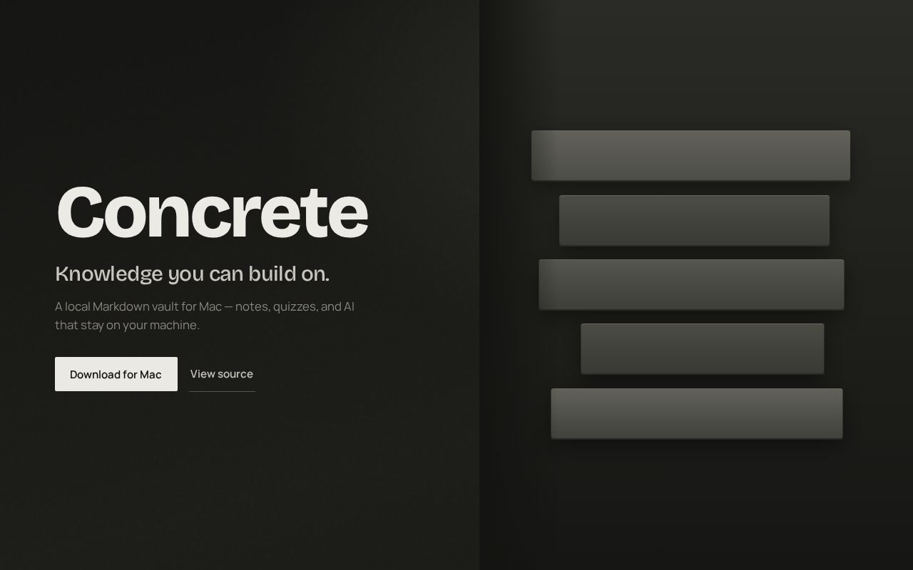 Preview of Concrete — a local Markdown vault for knowledge you can build on
