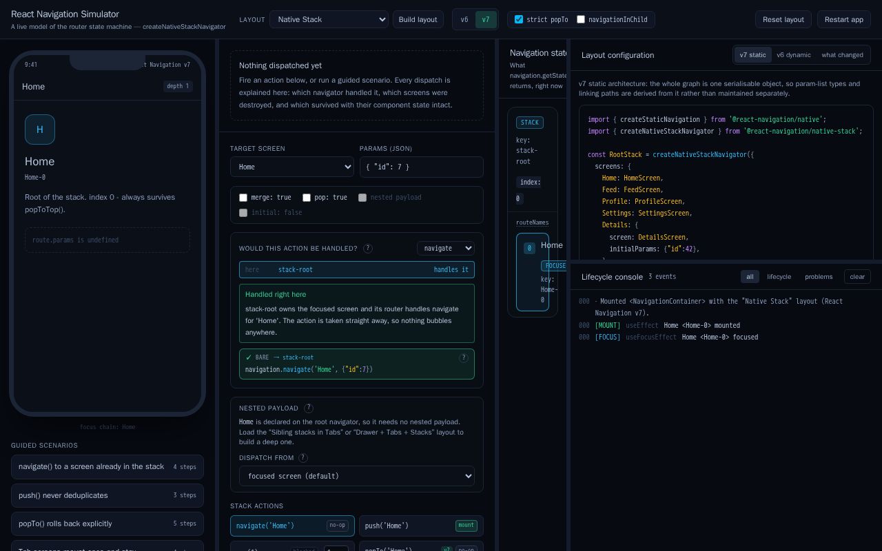 Preview of React Native Navigation Simulator