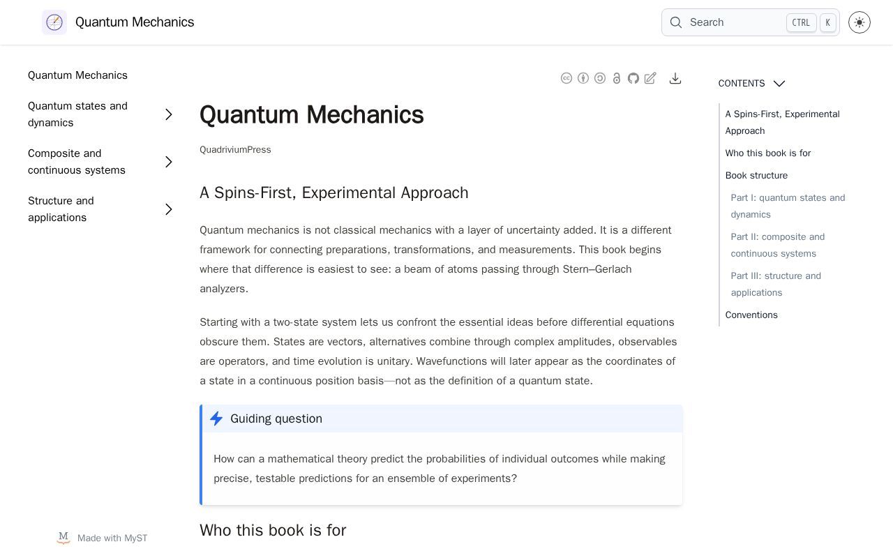 Preview of An open, spins-first undergraduate quantum mechanics textbook built with MyST Markdown.