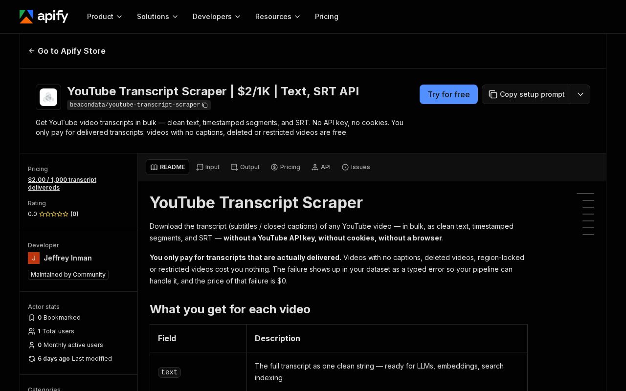 Preview of YouTube Transcript Scraper API