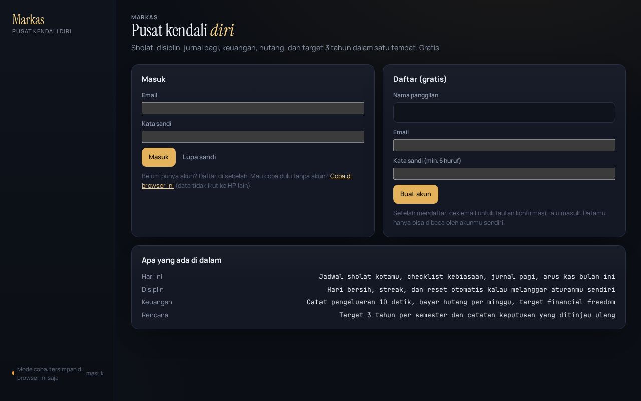 Preview of Markas: pusat kendali diri (sholat, disiplin, keuangan, hutang, target 3 tahun)