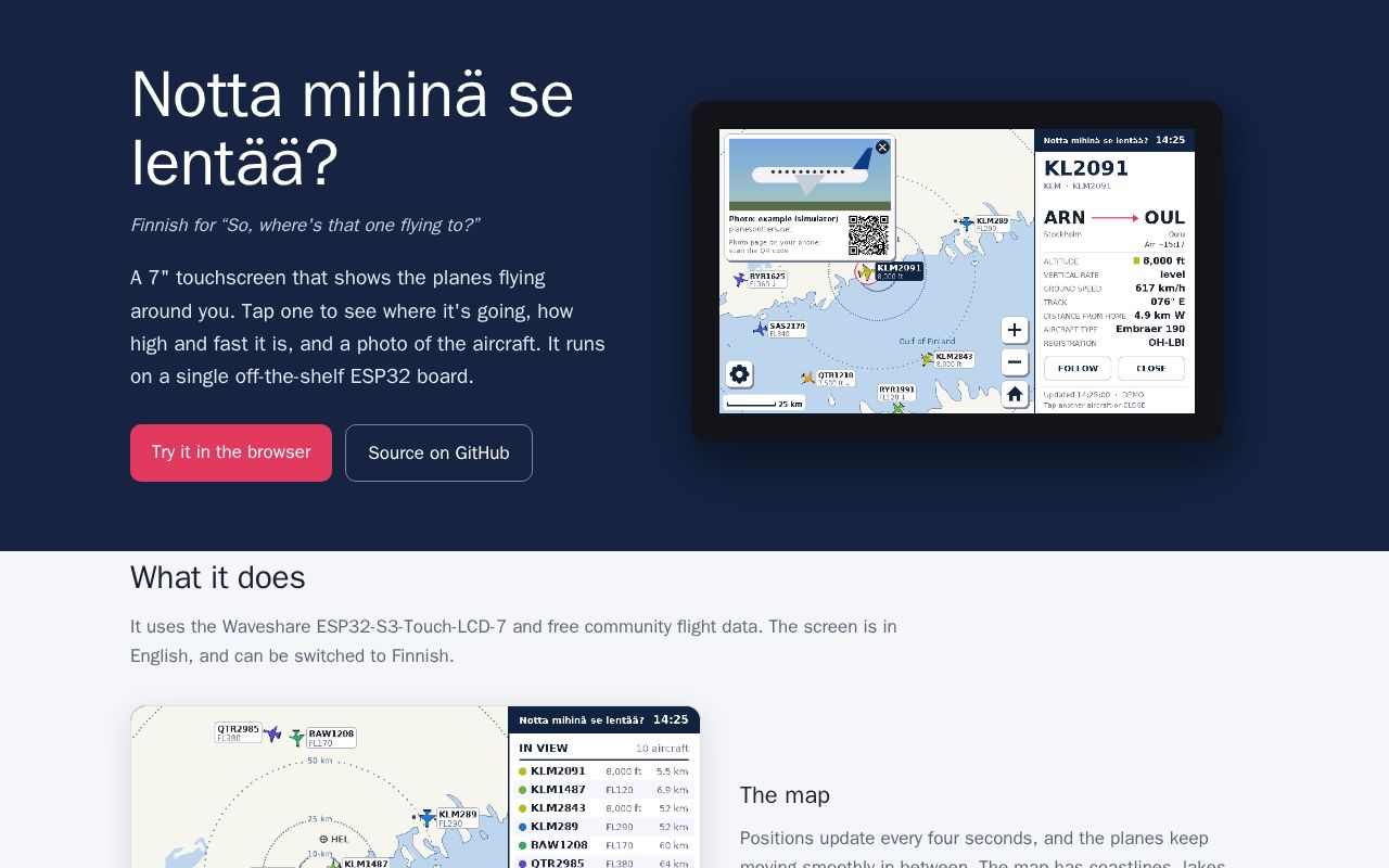 Preview of 'Notta mihinä se lentää' is a flight tracker gadget built on the  ESP32 platform.