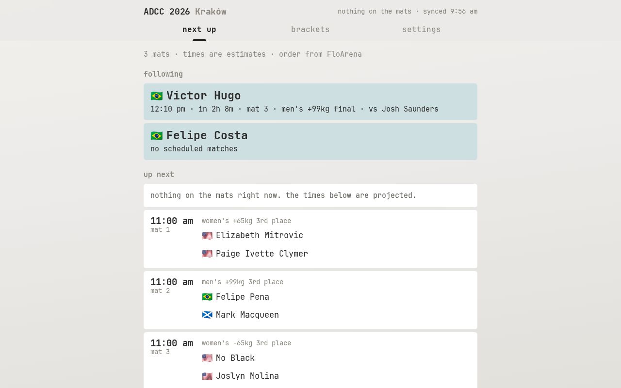 Preview of BJJ tournament bracket + live mat tracker (ADCC 2026 first)