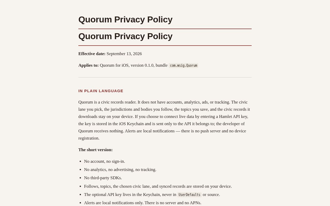 Preview of Privacy policy for Quorum for iOS (com.wsig.Quorum)