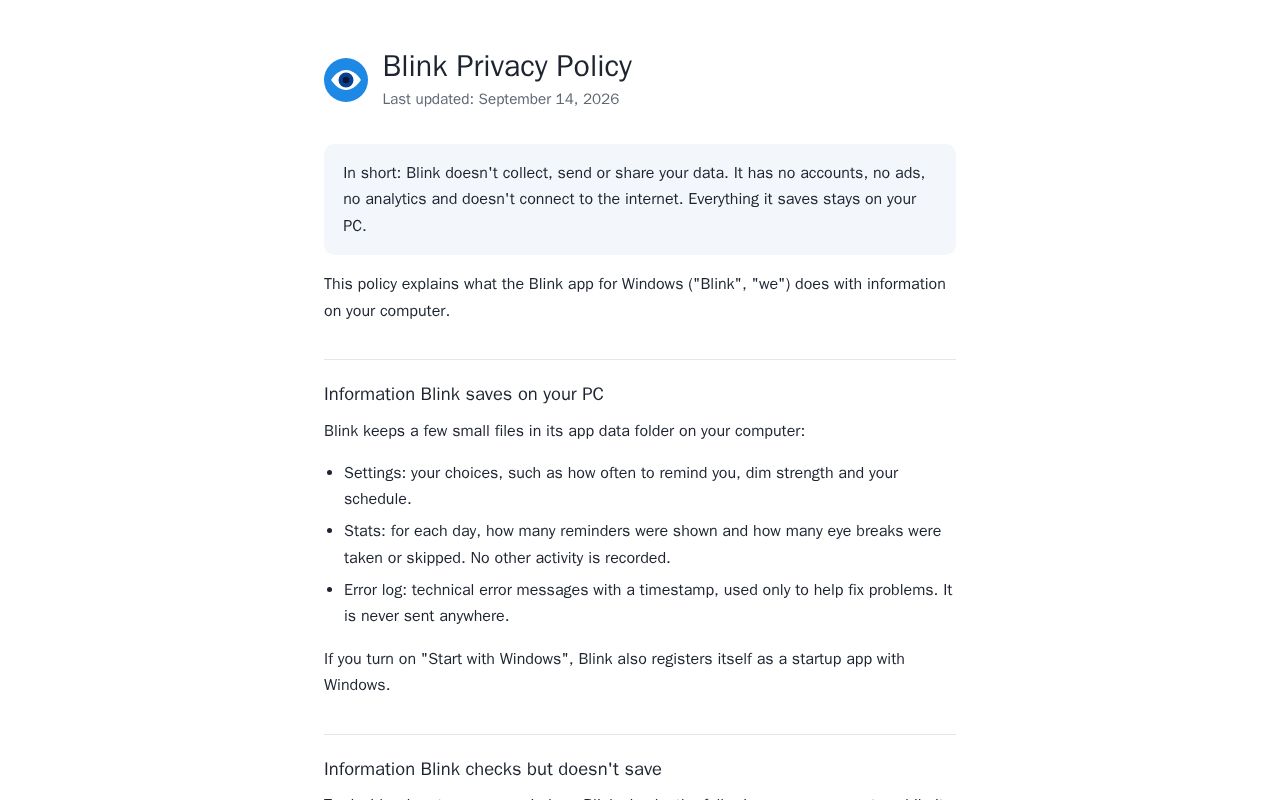Preview of Privacy policy for Blink, a Windows eye blink reminder