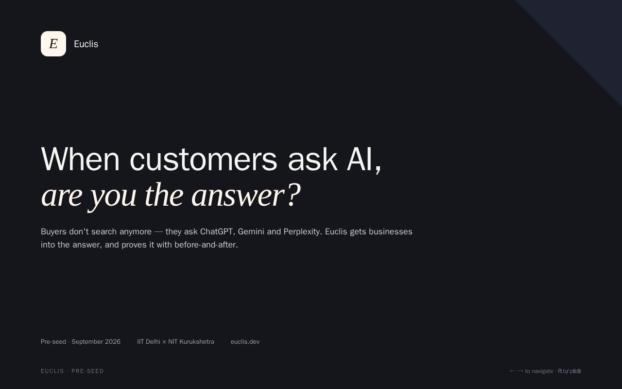 Preview of Euclis pre-seed pitch deck — the AI delivery manager for agencies