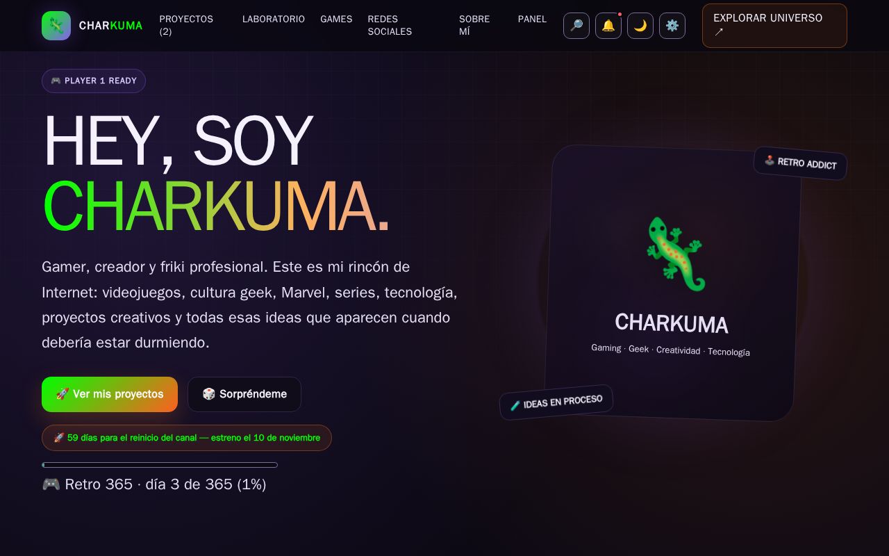 Preview of Web personal de Charkuma: gaming, cultura geek y proyectos creativos