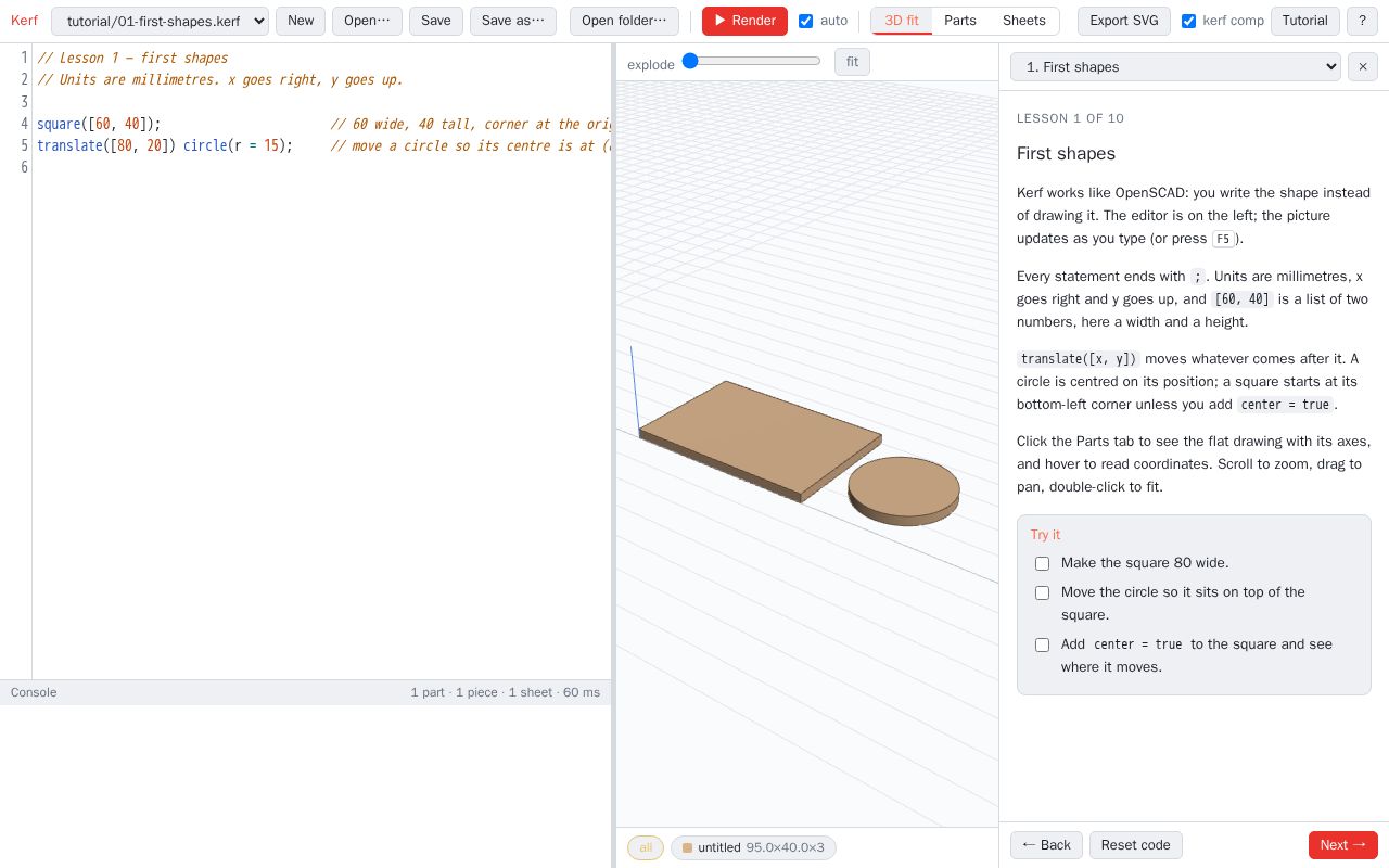 Preview of tutorial/01-first-shapes.kerf