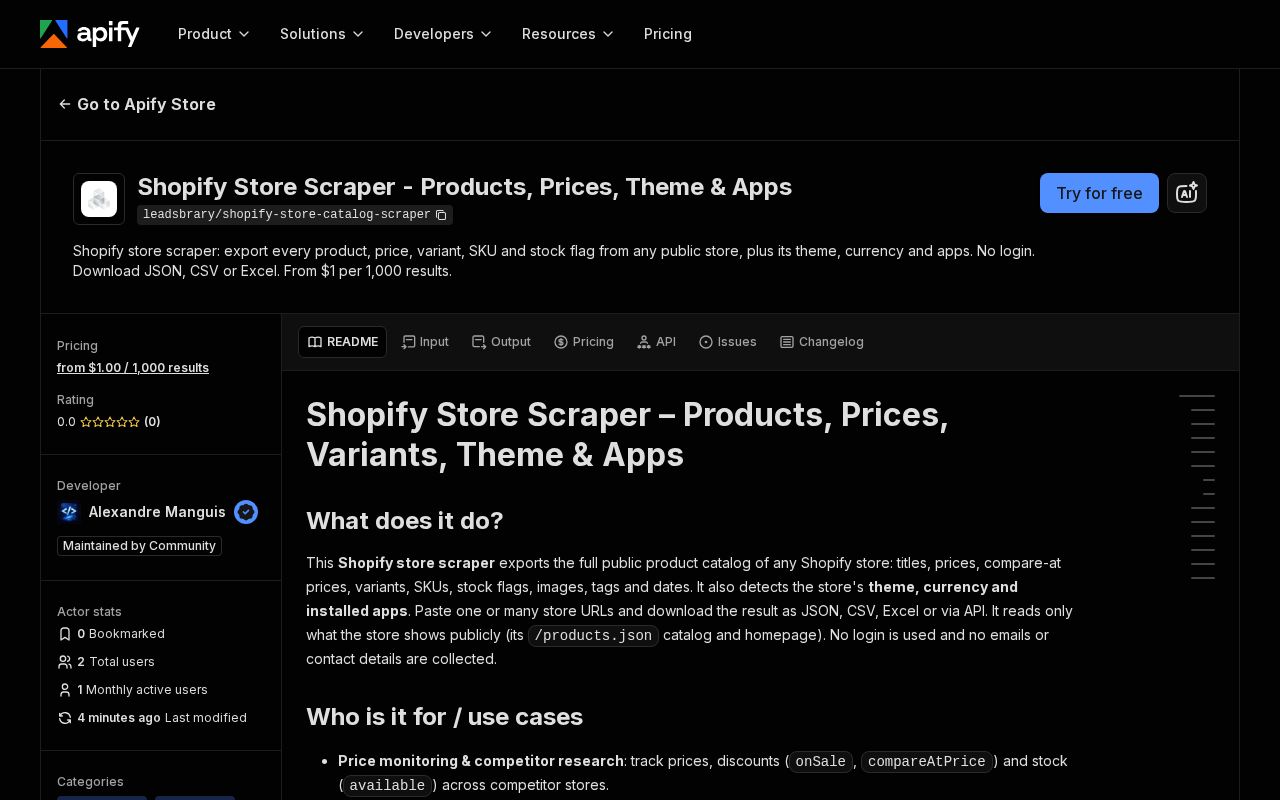 Preview of Shopify Store Catalog Scraper Apify Actor