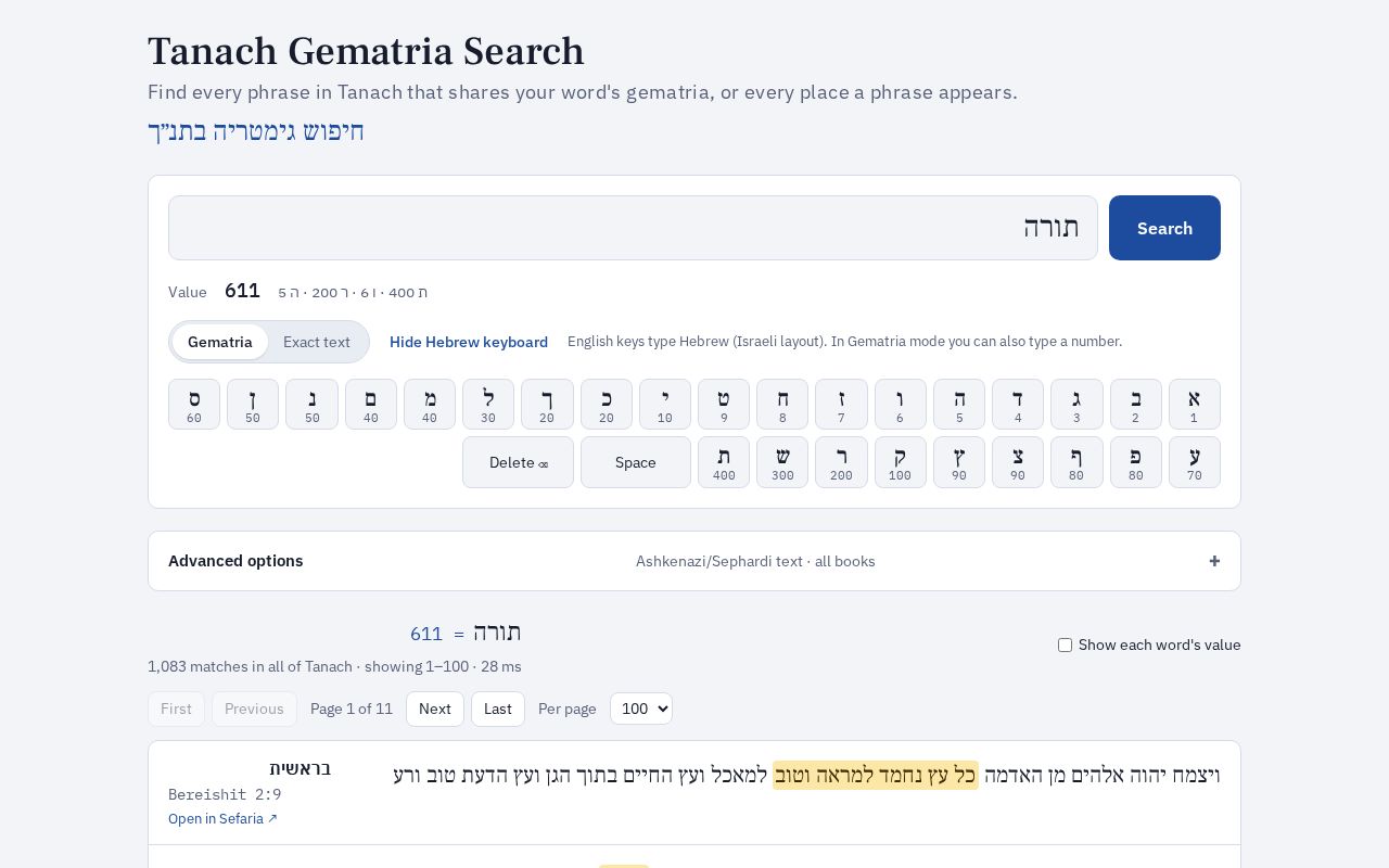 Preview of Tanach Gematria Search