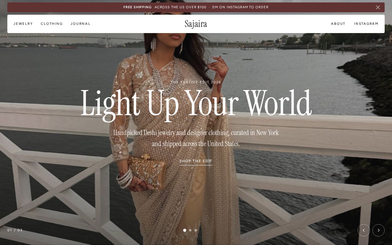 Preview of Sajaira — Deshi jewelry & designer clothing, New York. Two-page static site.