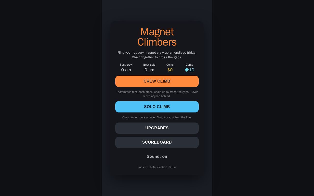 Preview of Magnet Climbers — endless fridge climber PWA (built site, served via GitHub Pages)