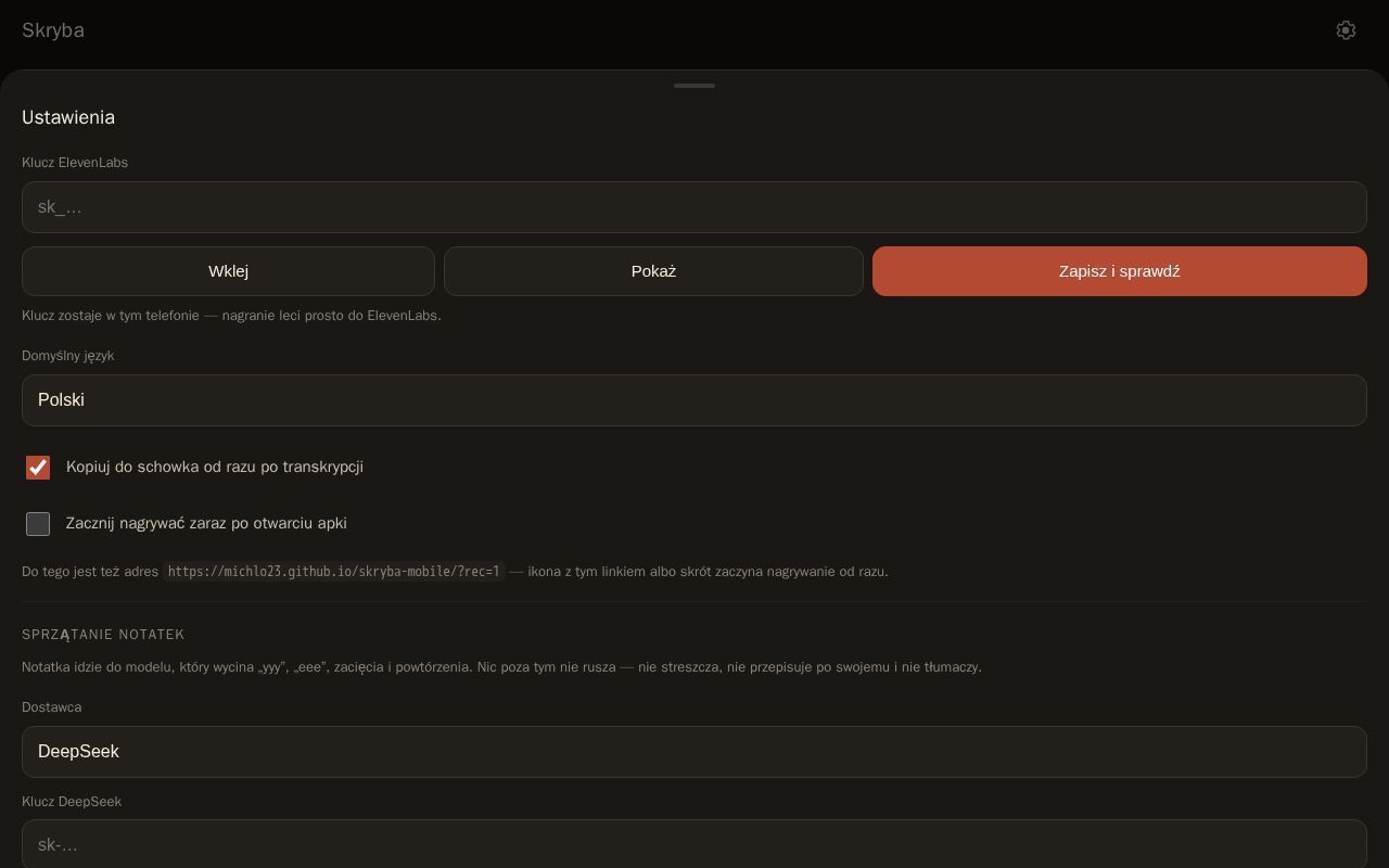 Preview of Skryba na telefon — PWA do dyktowania notatek przez ElevenLabs Scribe